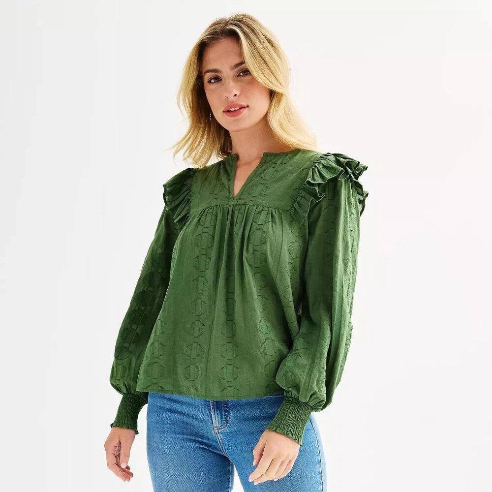 Green Ruffle Shoulder Blouse - Women